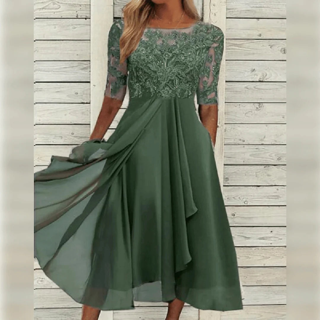 Women's round-neck lace midi dress with pockets