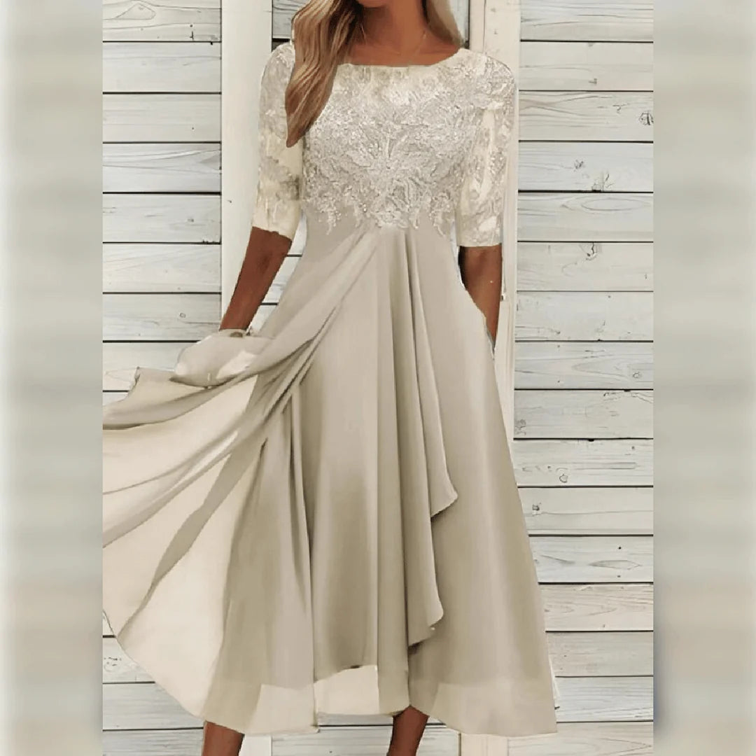 Women's round-neck lace midi dress with pockets