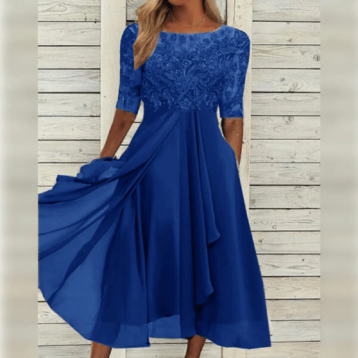 Women's round-neck lace midi dress with pockets