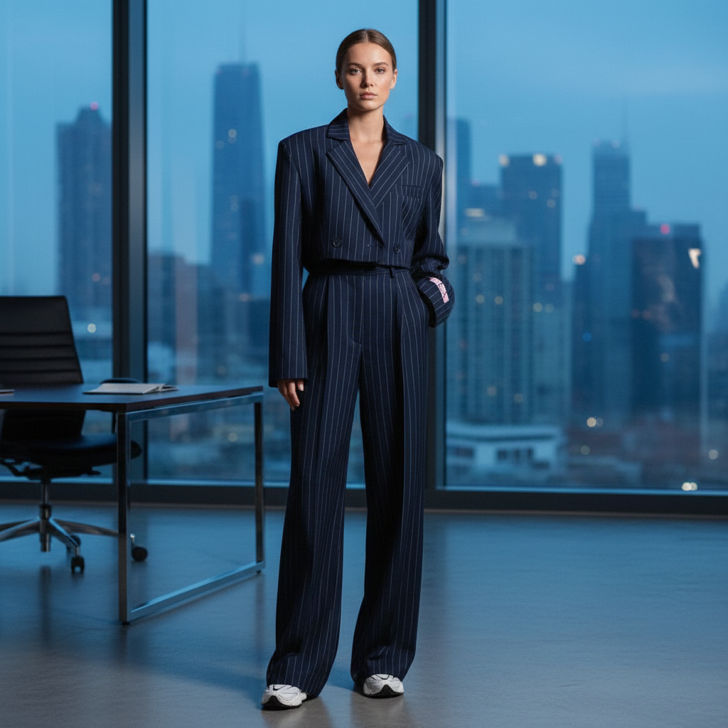 Regina | Damen gestreifter Blazer & weite Hose Set