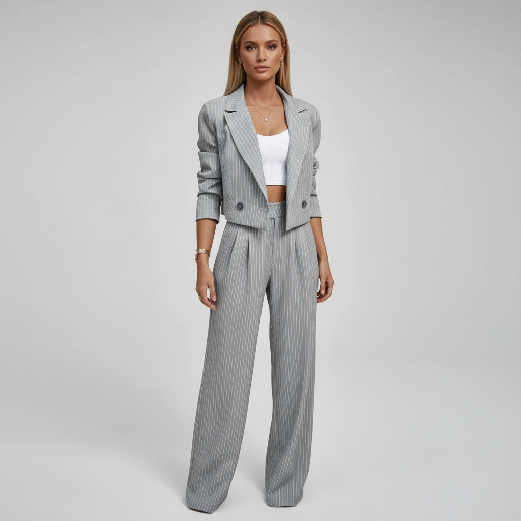 Regina | Damen gestreifter Blazer & weite Hose Set