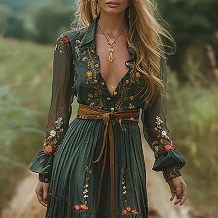 Women's Bohemian Embroidered V-Neck Maxi Dress