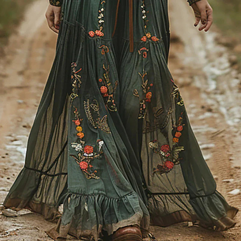 Women's Bohemian Embroidered V-Neck Maxi Dress