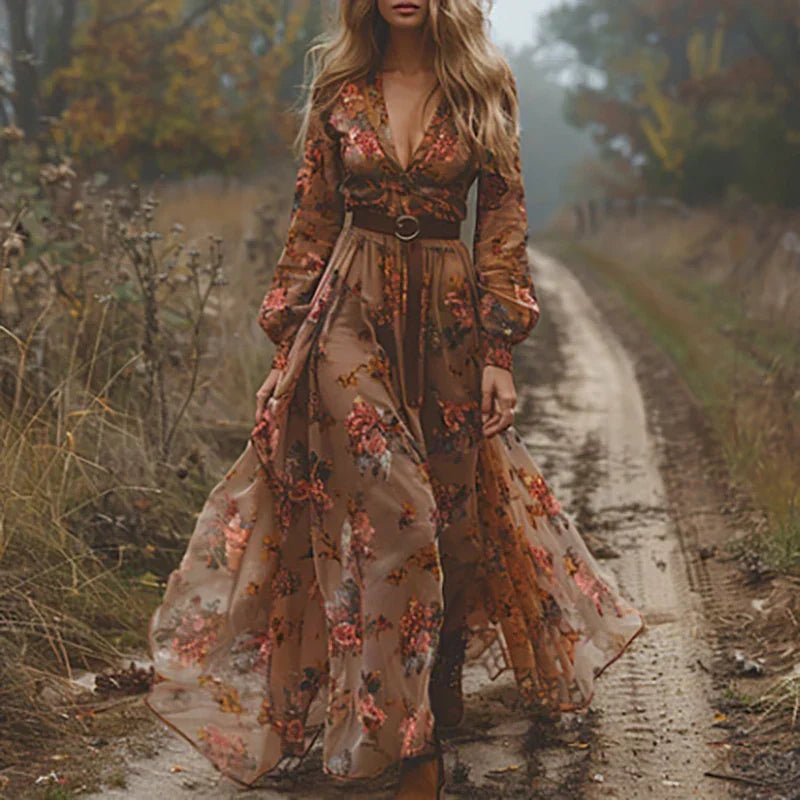 Women's Bohemian Embroidered V-Neck Maxi Dress