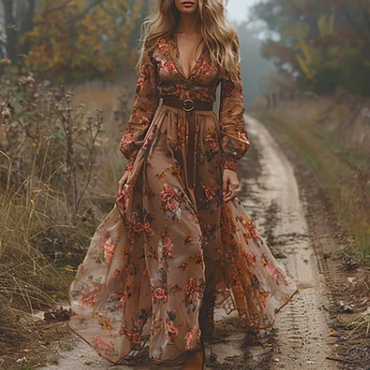 Women's Bohemian Embroidered V-Neck Maxi Dress