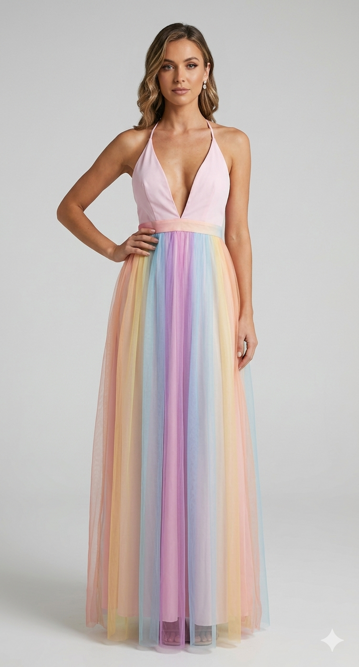 Damen Halter V-Ausschnitt Maxikleid