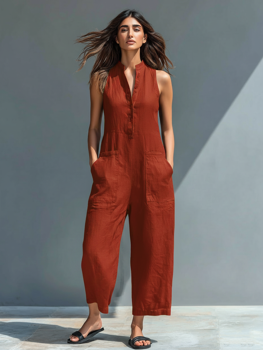 Minimalist women's jumpsuit with a stand-up collar, button placket, and a casual, loose fit