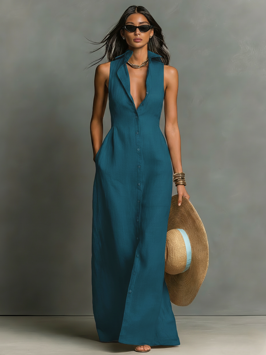 Women's Minimalist Collarless Single-Breasted Sleeveless Maxi Shirt Dress