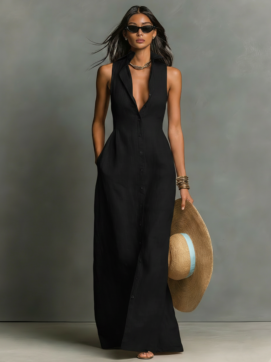 Women's Minimalist Collarless Single-Breasted Sleeveless Maxi Shirt Dress