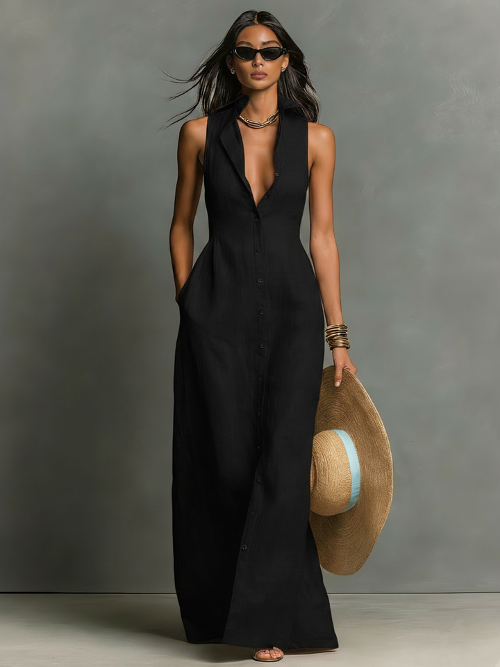 Women's Minimalist Collarless Single-Breasted Sleeveless Maxi Shirt Dress