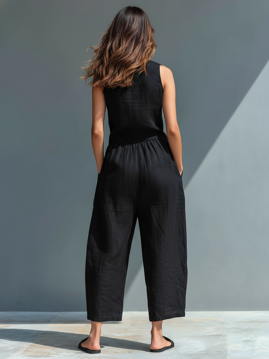 Minimalist women's jumpsuit with a stand-up collar, button placket, and a casual, loose fit