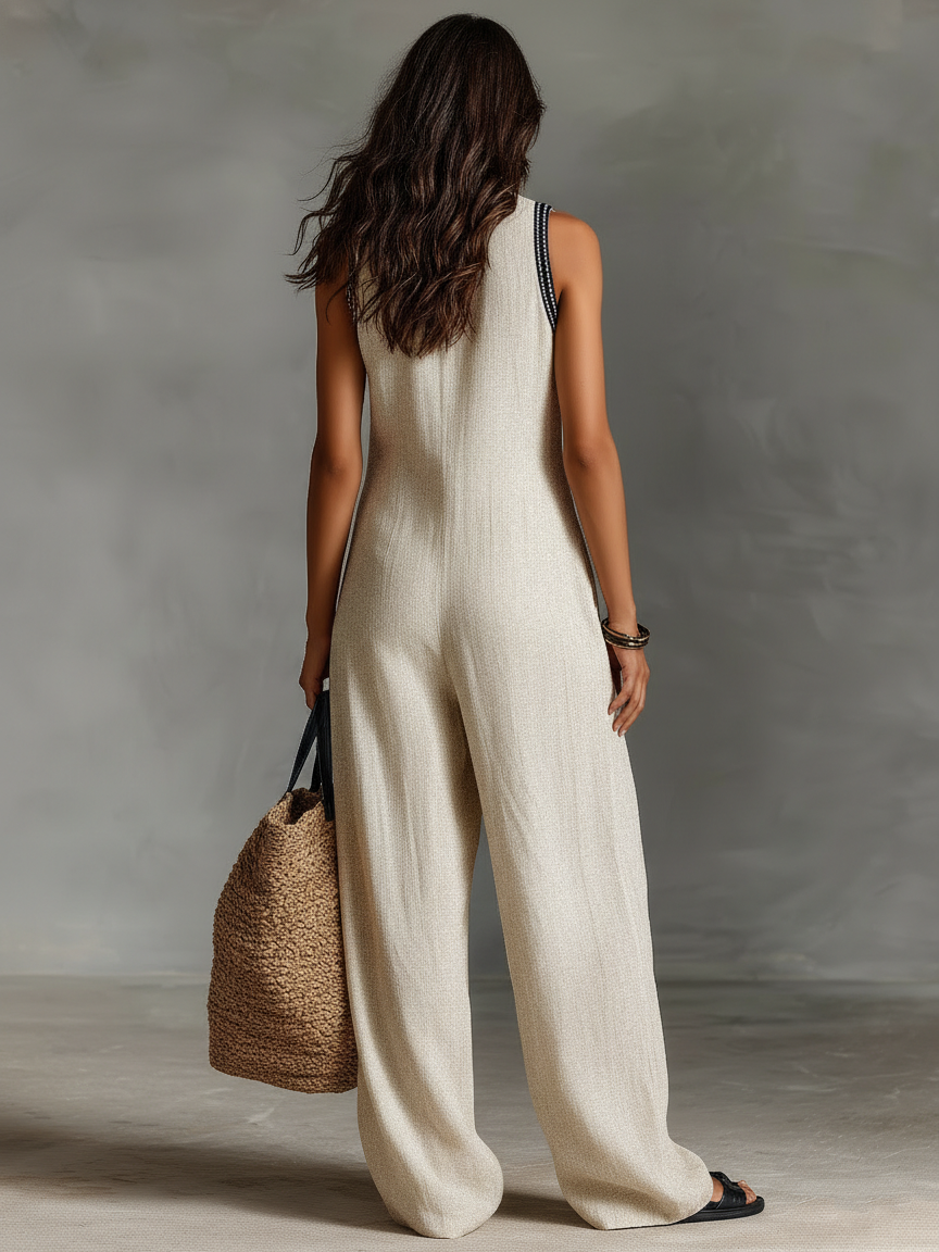 Minimalist, sleeveless women's jumpsuit with a zip-up stand-up collar, decorated with embroidery