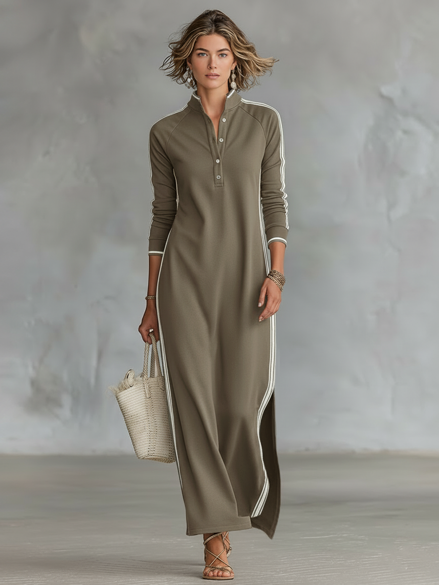 Minimalist women's sweatshirt dress with white collar and button placket