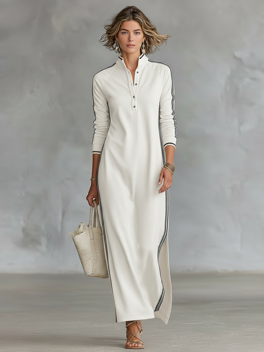 Minimalist women's sweatshirt dress with white collar and button placket