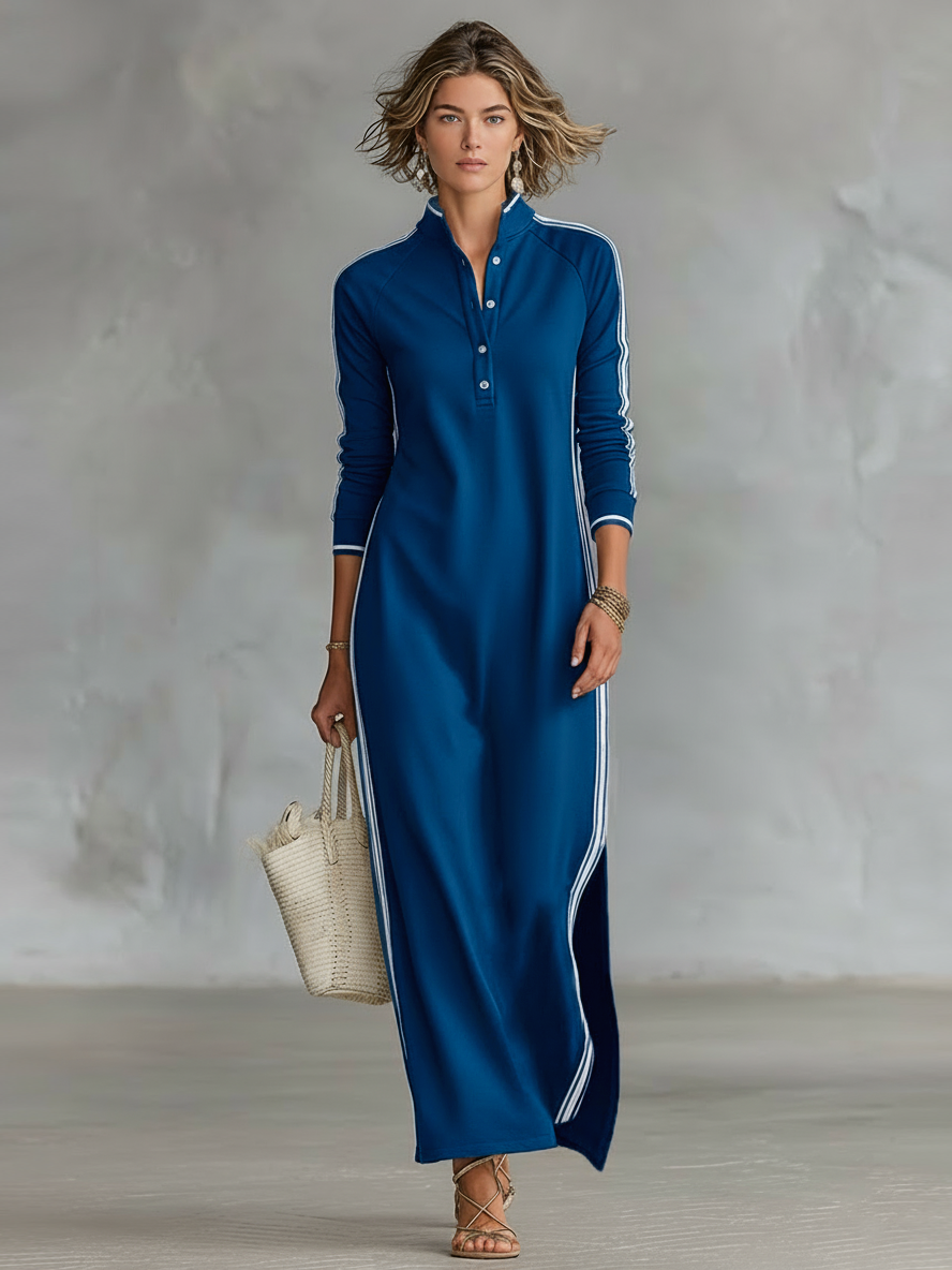Minimalist women's sweatshirt dress with white collar and button placket