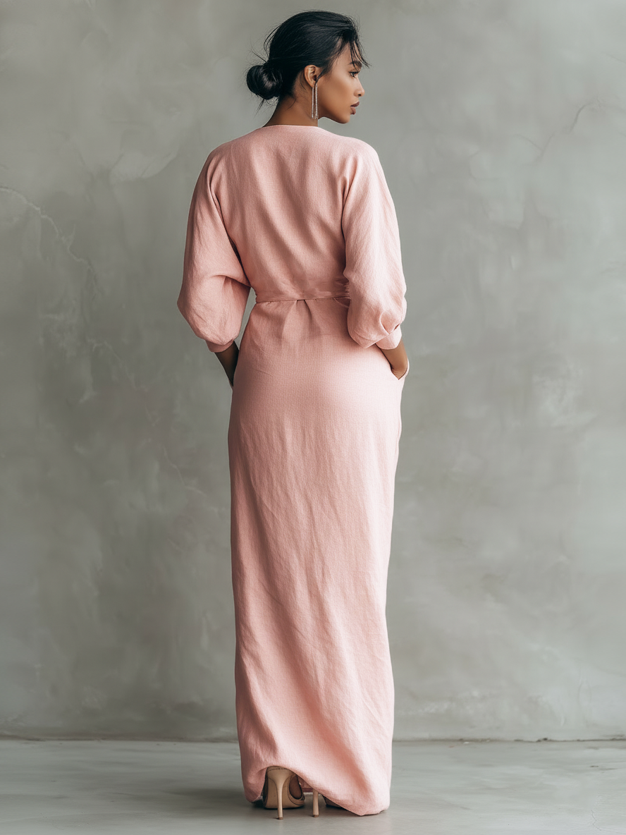 Women's Pink Minimalist V-Neck Maxi Dress