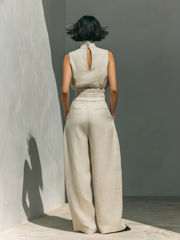 Women's Sleeveless Blouse and Wide-Leg Trousers Ensemble
