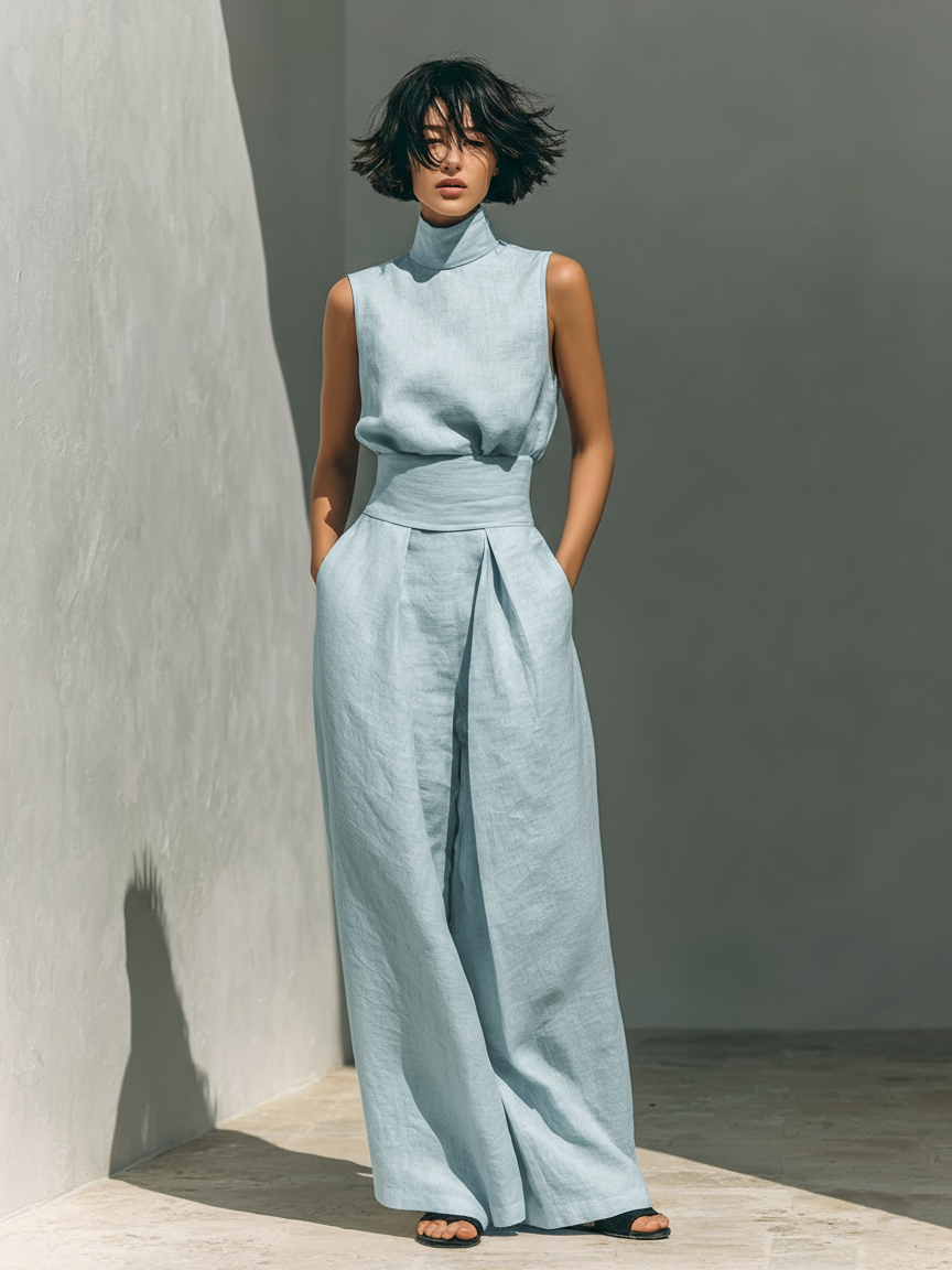 Women's Sleeveless Blouse and Wide-Leg Trousers Ensemble