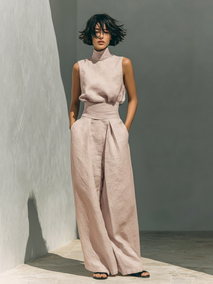 Women's Sleeveless Blouse and Wide-Leg Trousers Ensemble