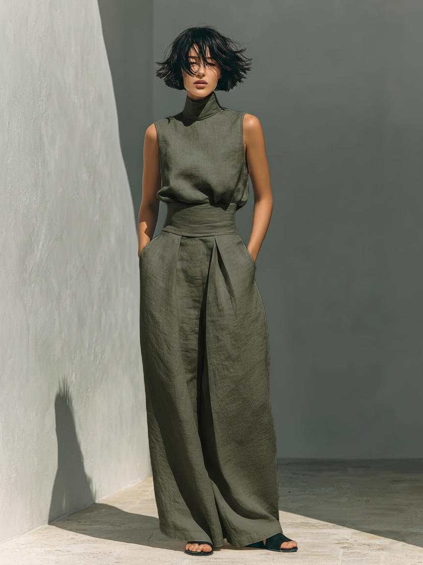 Women's Sleeveless Blouse and Wide-Leg Trousers Ensemble