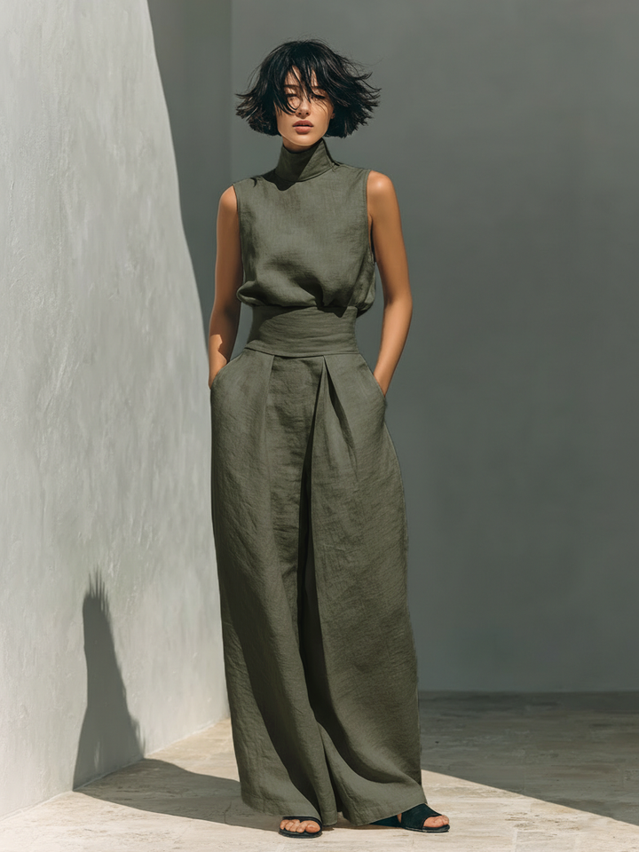 Women's Sleeveless Blouse and Wide-Leg Trousers Ensemble