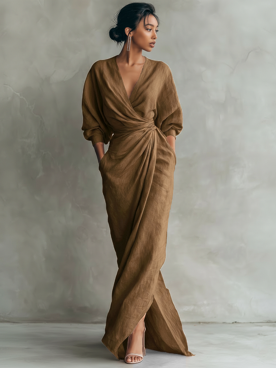 Women's Pink Minimalist V-Neck Maxi Dress