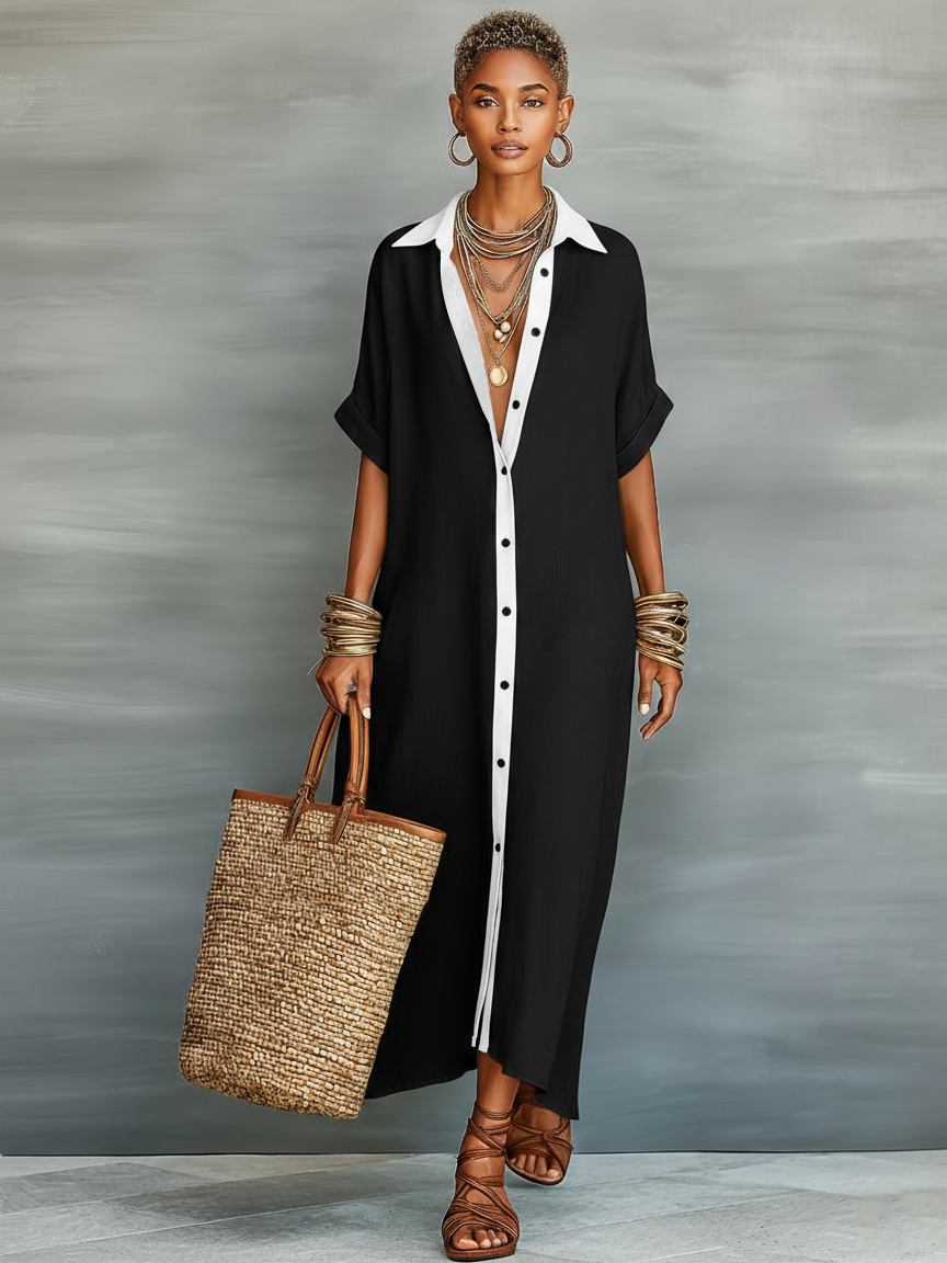 Women's Minimalist Short Sleeve Shirt Maxi Dress
