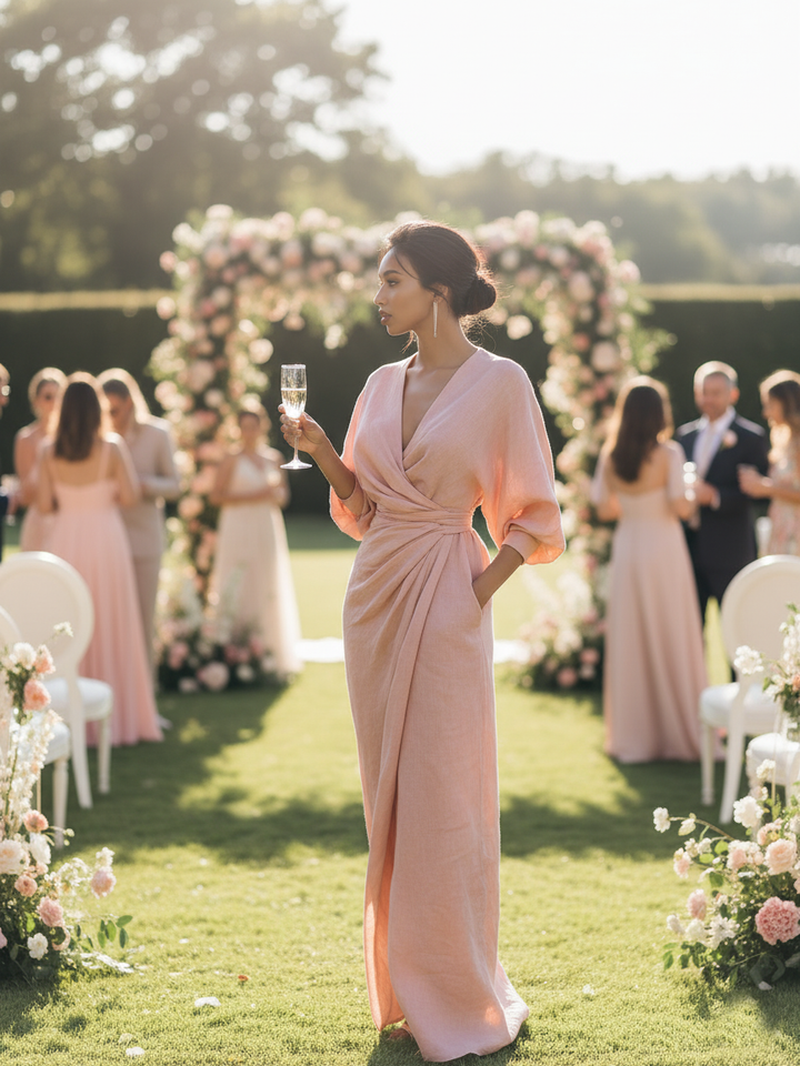 Women's Pink Minimalist V-Neck Maxi Dress