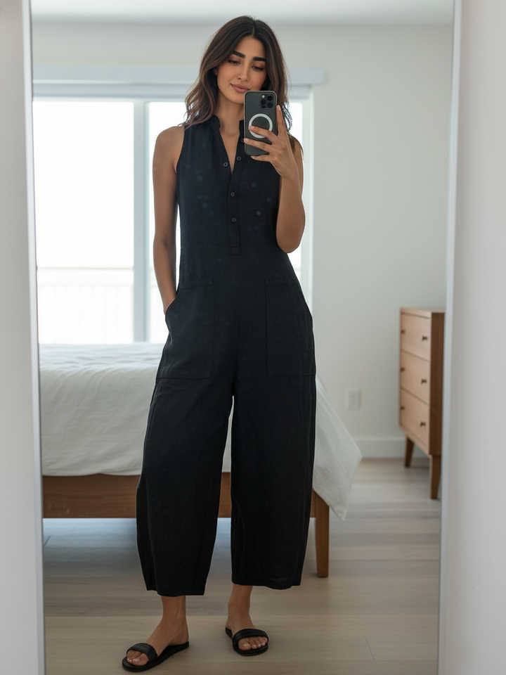 Minimalist women's jumpsuit with a stand-up collar, button placket, and a casual, loose fit