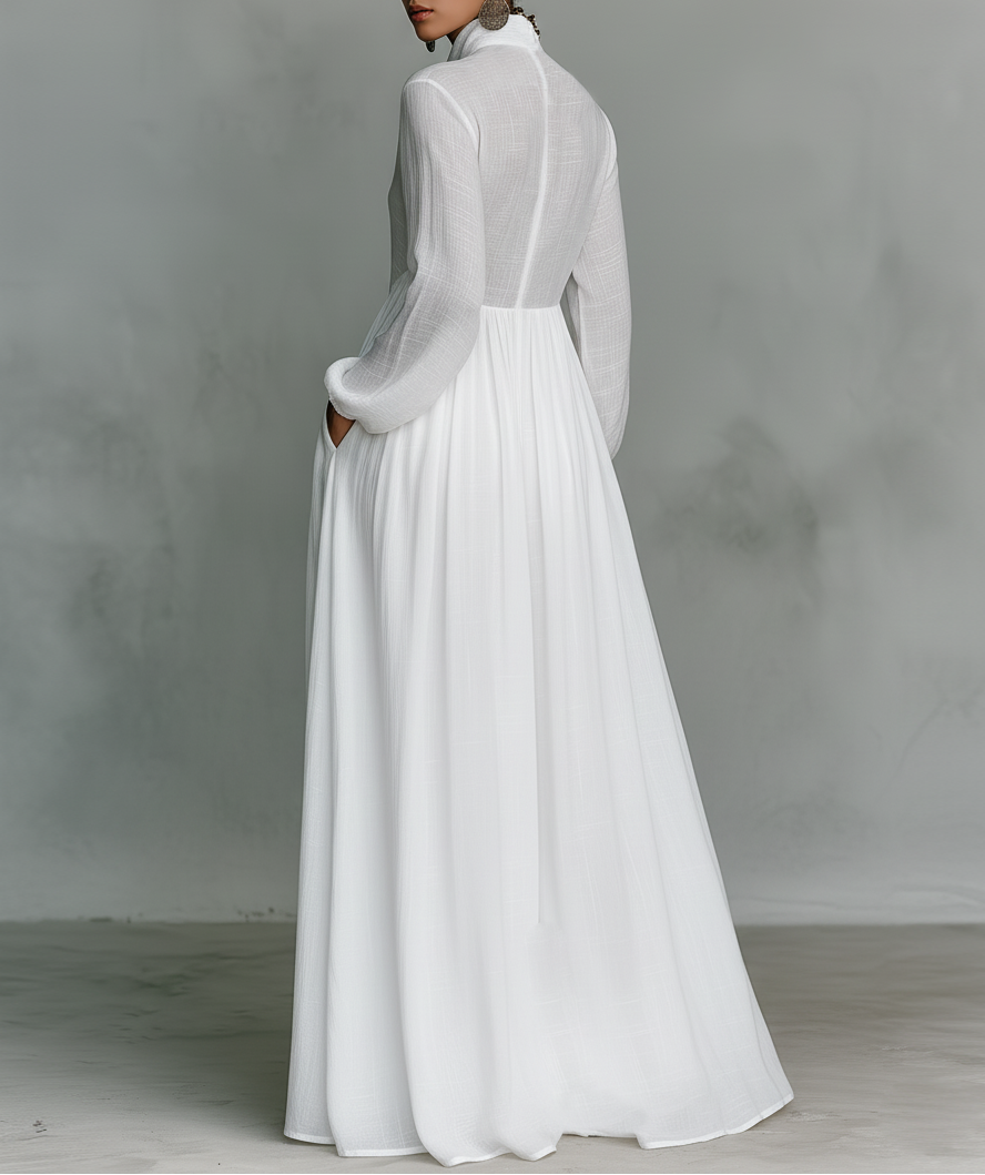 Elisa | Cotton and Linen Patchwork Maxi Dress with High Collar and Long Sleeves - Minimalist Style