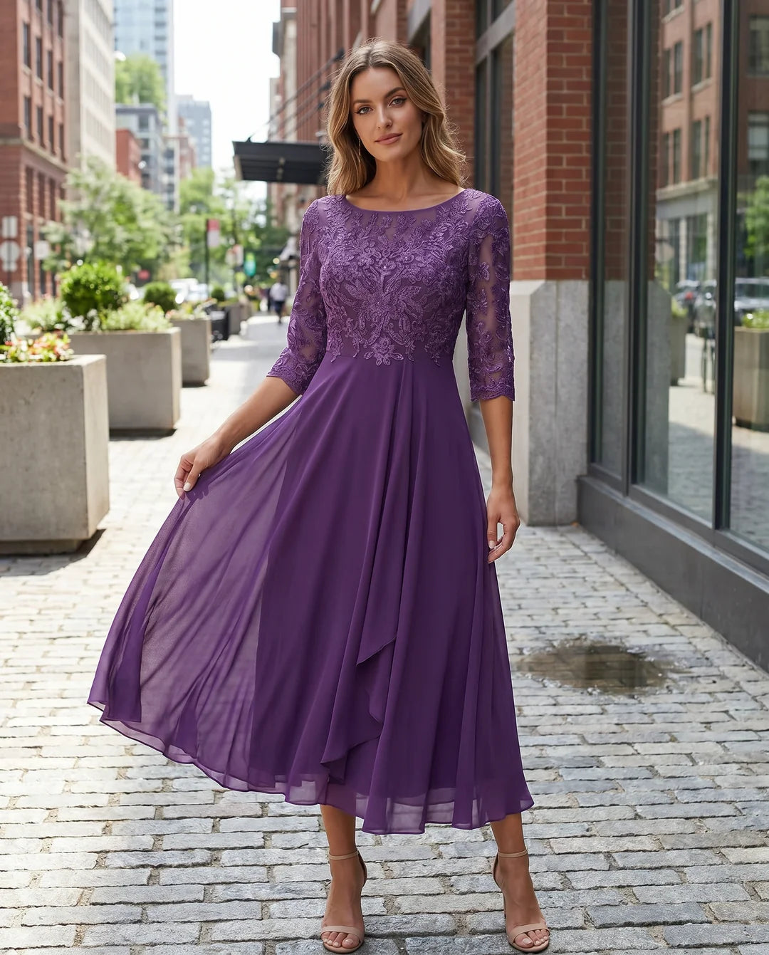 Women's round-neck lace midi dress with pockets
