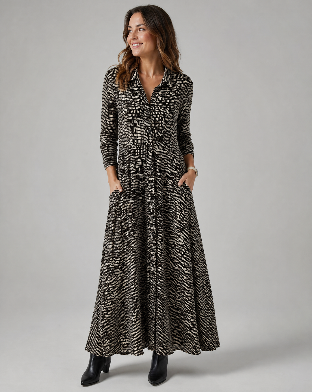 Damen Langarm-Maxi-Kleid mit Taschen