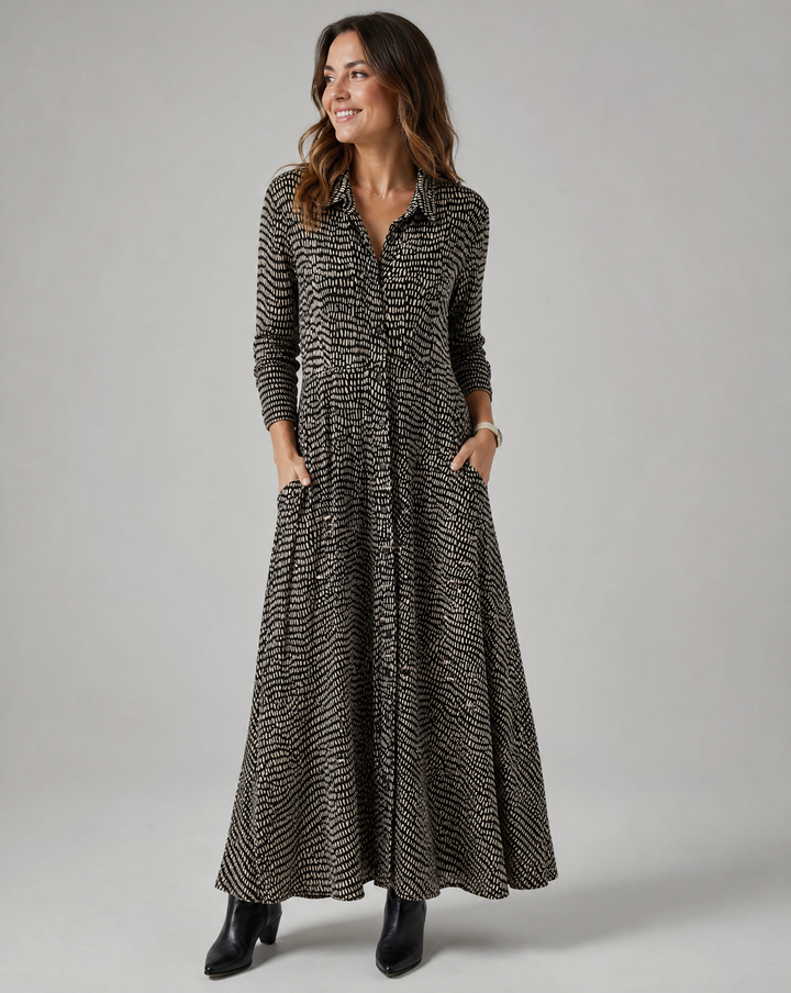 Damen Langarm-Maxi-Kleid mit Taschen
