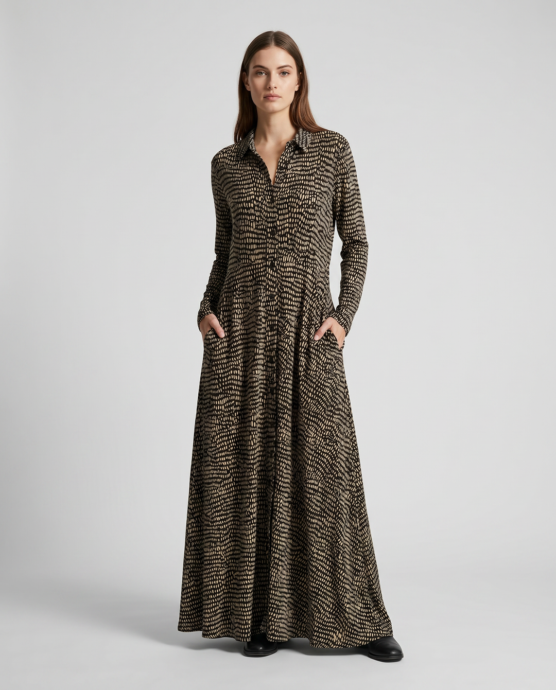 Damen Langarm-Maxi-Kleid mit Taschen