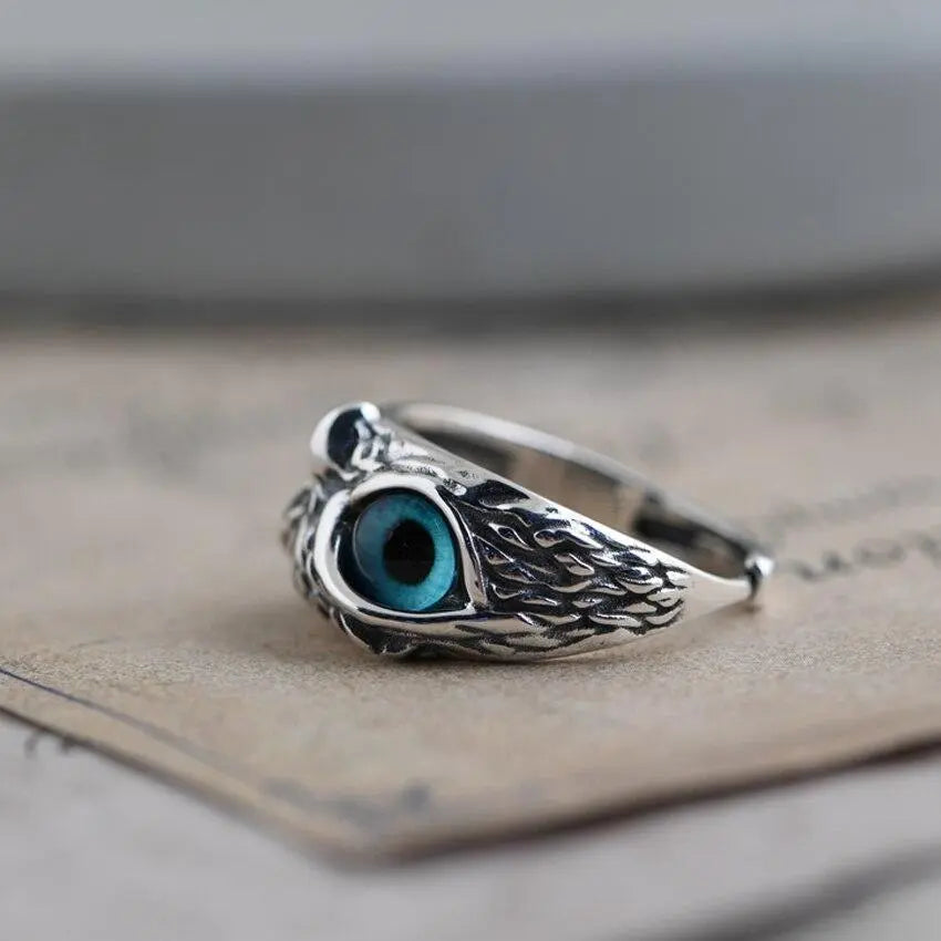 Opal-Adorned Adjustable Silver Owl Ring