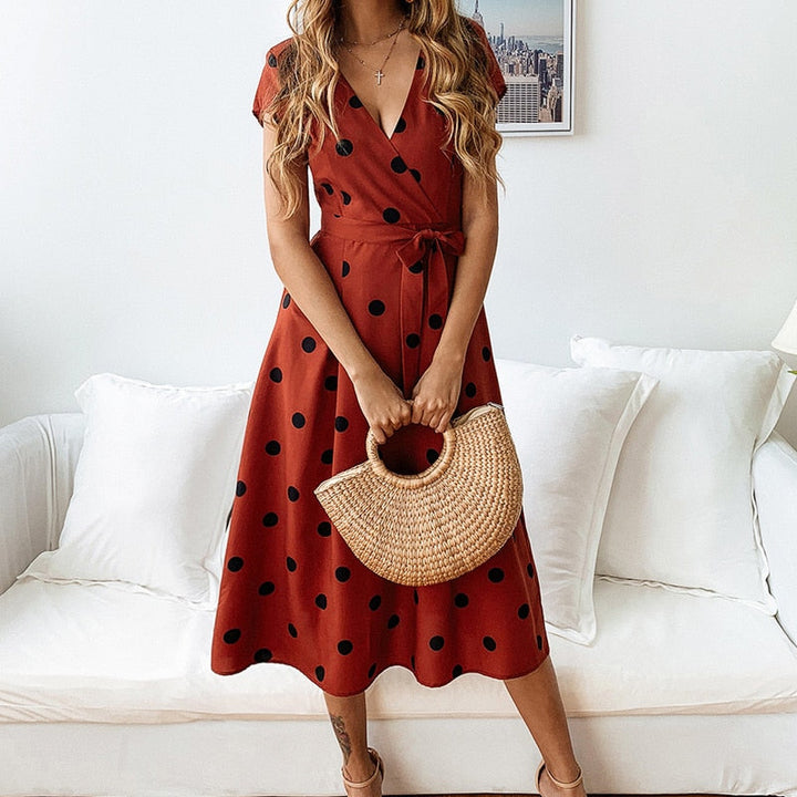 Juna | Women's Polka Dot V-Neck Midi Dress with Tie Belt