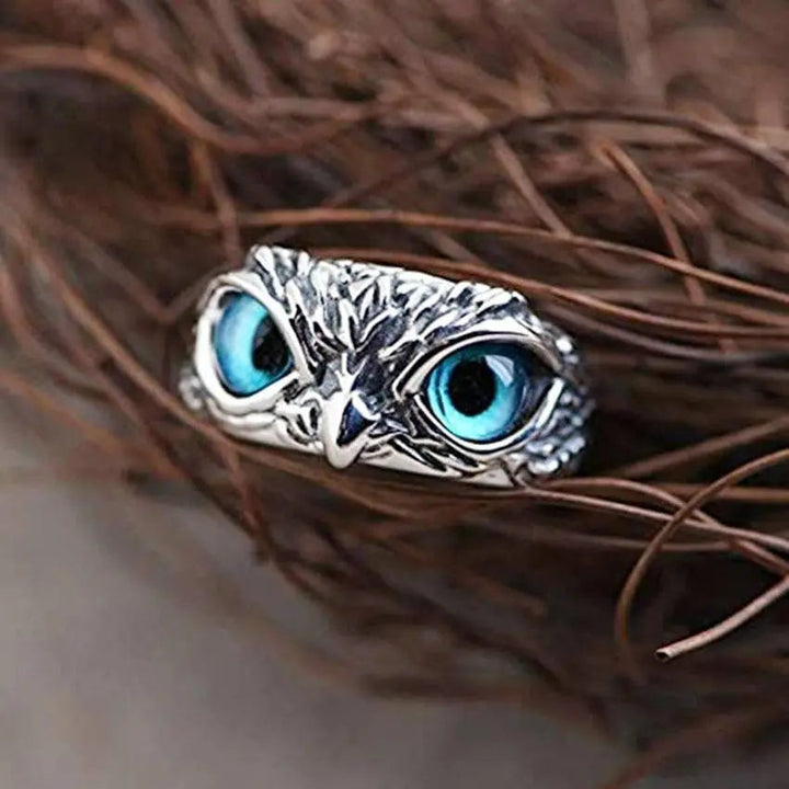 Opal-Adorned Adjustable Silver Owl Ring