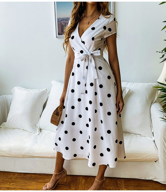 Juna | Women's Polka Dot V-Neck Midi Dress with Tie Belt