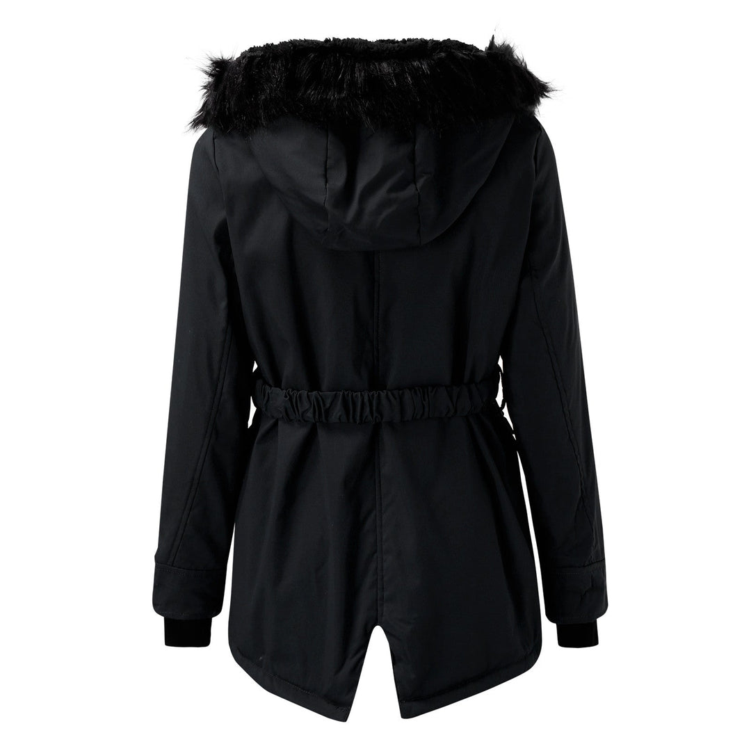 Women's parka with hood, buttons, and pockets