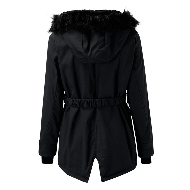 Women's parka with hood, buttons, and pockets