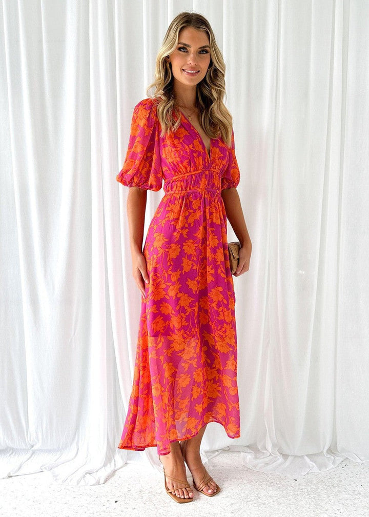 Katy™ - Elegant Puff Sleeve Floral Midi Dress