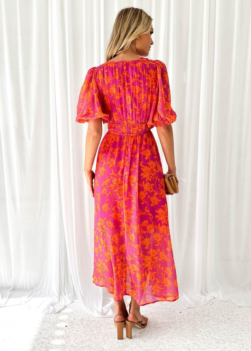 Katy™ - Elegant Puff Sleeve Floral Midi Dress