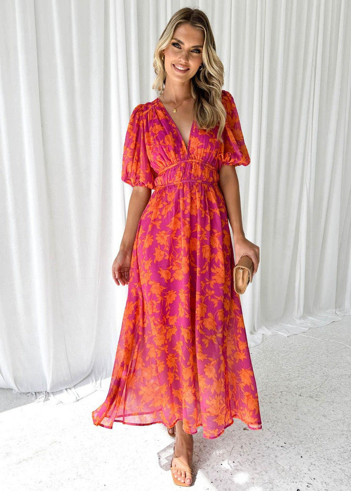 Katy™ - Elegant Puff Sleeve Floral Midi Dress