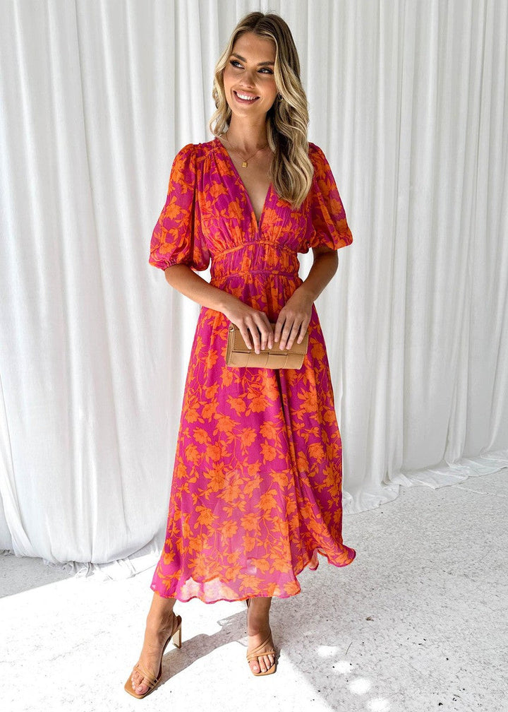 Katy™ - Elegant Puff Sleeve Floral Midi Dress