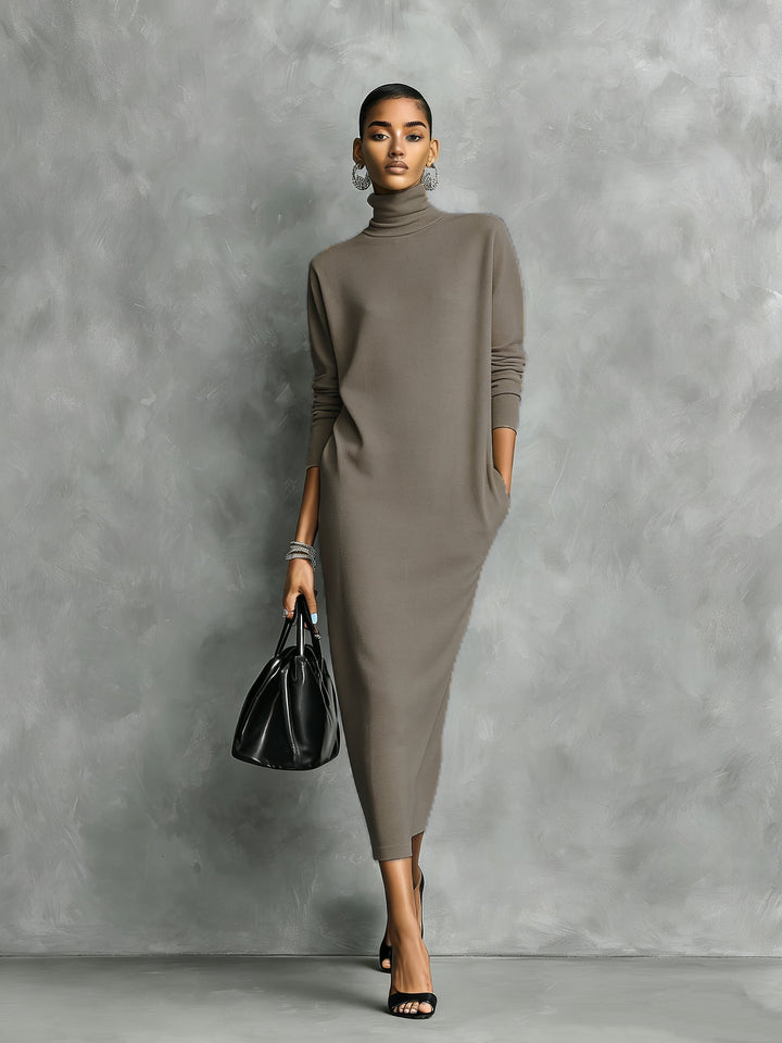 Elegant black knitted midi dress with a turtleneck, long sleeves, and a relaxed fit for women