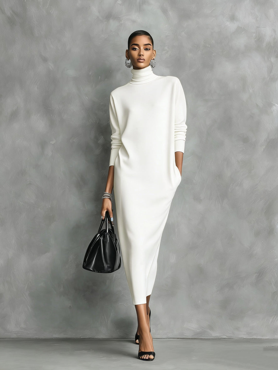Elegant black knitted midi dress with a turtleneck, long sleeves, and a relaxed fit for women