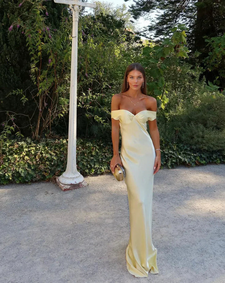Dove - Strapless Satin Evening Gown with Off-the-Shoulder Design