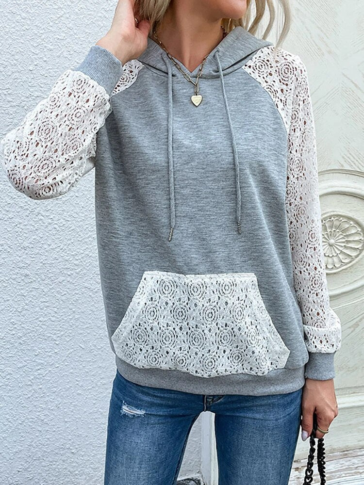 Women's hoodie with lace sleeves, drawstring, and kangaroo pocket