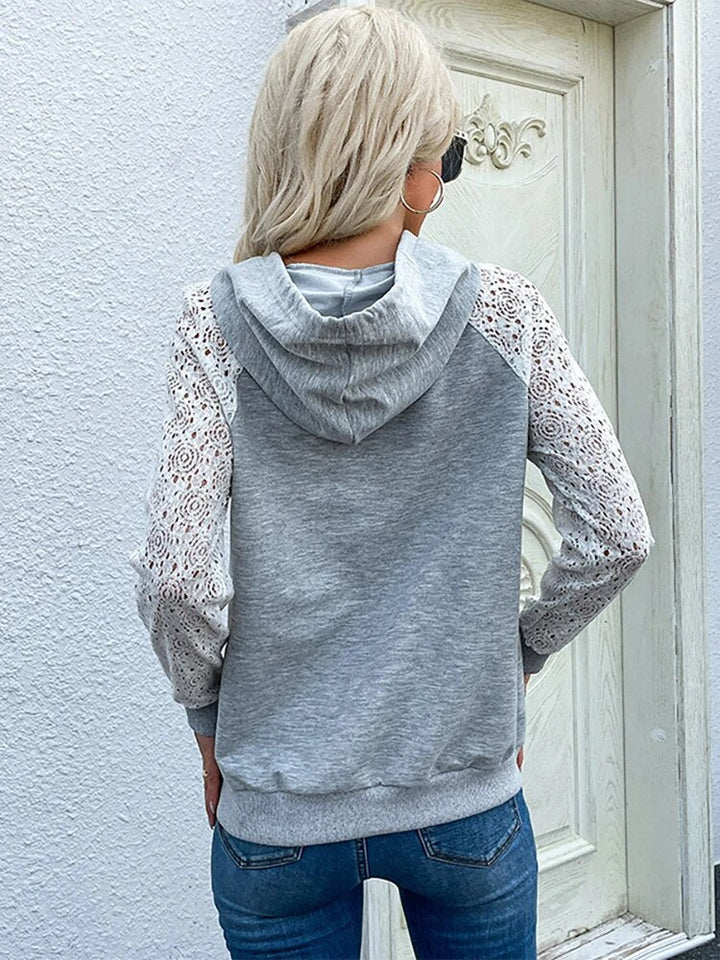 Women's hoodie with lace sleeves, drawstring, and kangaroo pocket
