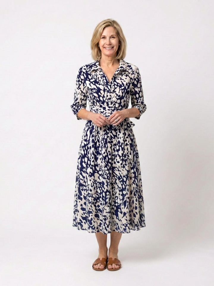 Oriana | Collared Midi Dress with Long Sleeves and Waist Belt